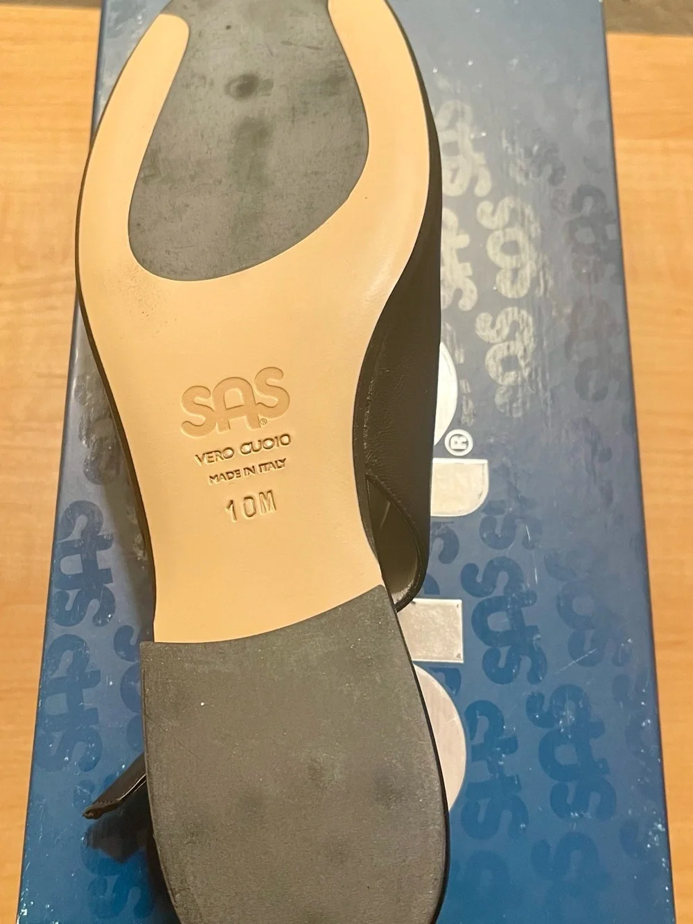 SAS Black Slingback Flat with Gold Buckle (New)